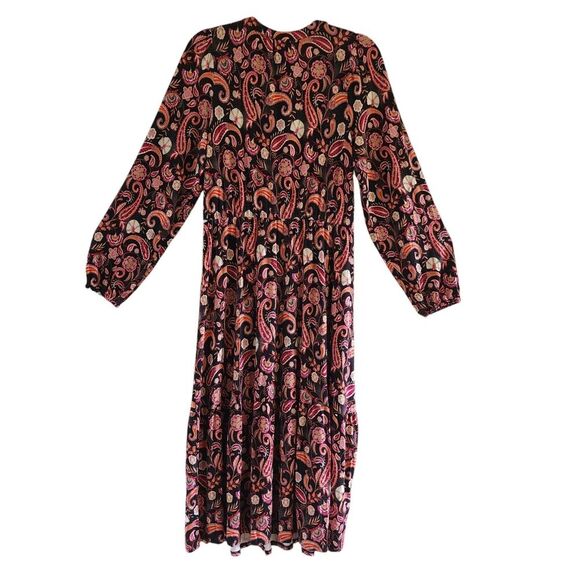 Loft Midi Dress Women Sz L Multicolor Paisley Tiered Tie Neck Long Sleeve Rayon - Picture 3 of 11